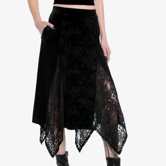 Cosmic Aura Black Velvet & Lace Asymmetrical Skirt LARGE Witch Whimsygoth GOTH